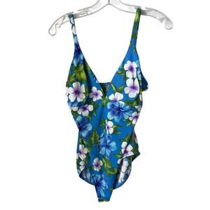 VTG Lands' End One Piece Swim Suit Blue Floral Stretchy Beach Pool Resort 16